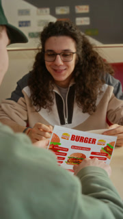 Medium vertical shot of two young gen Z Caucasian guys choosing burger combo meals, sitting at booth at fast food restaurant, discussing options on menu, smiling and laughing