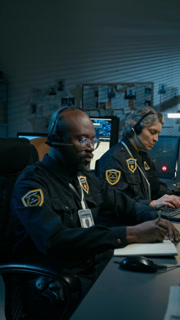 Vertical shot of Black man as exhausted police dispatcher closing night shift and taking off headset breathing out heavily