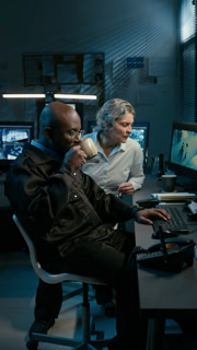Vertical shot of two people sitting at desk in security control room and watching surveillance monitors together at night
