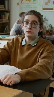 Medium vertical portrait of geeky teenage Caucasian schoolboy in glasses sitting at desk during health education lesson, test paper on desk, looking at camera, motivated to achieve high grades