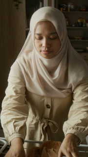 Vertical front view shot of young Muslim woman wearing modest clothing hanging out fresh laundry to dry and doing chores at home