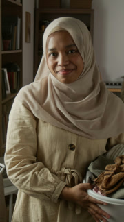 Vertical shot of young Muslim woman as happy young wife looking at camera wearing modest clothing and holding laundry basket while doing chores at home