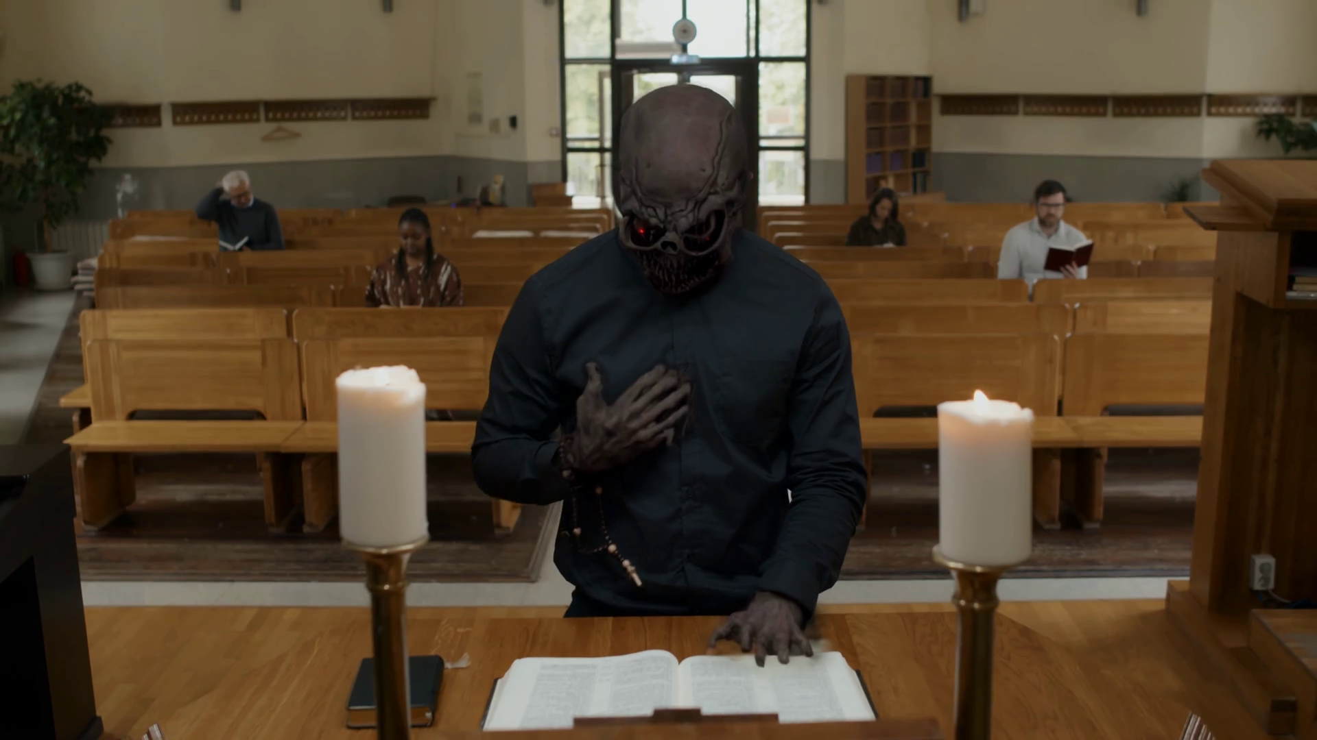 Demon Pastor Standing In Front Of Altar In Stock Footage SBV347469949