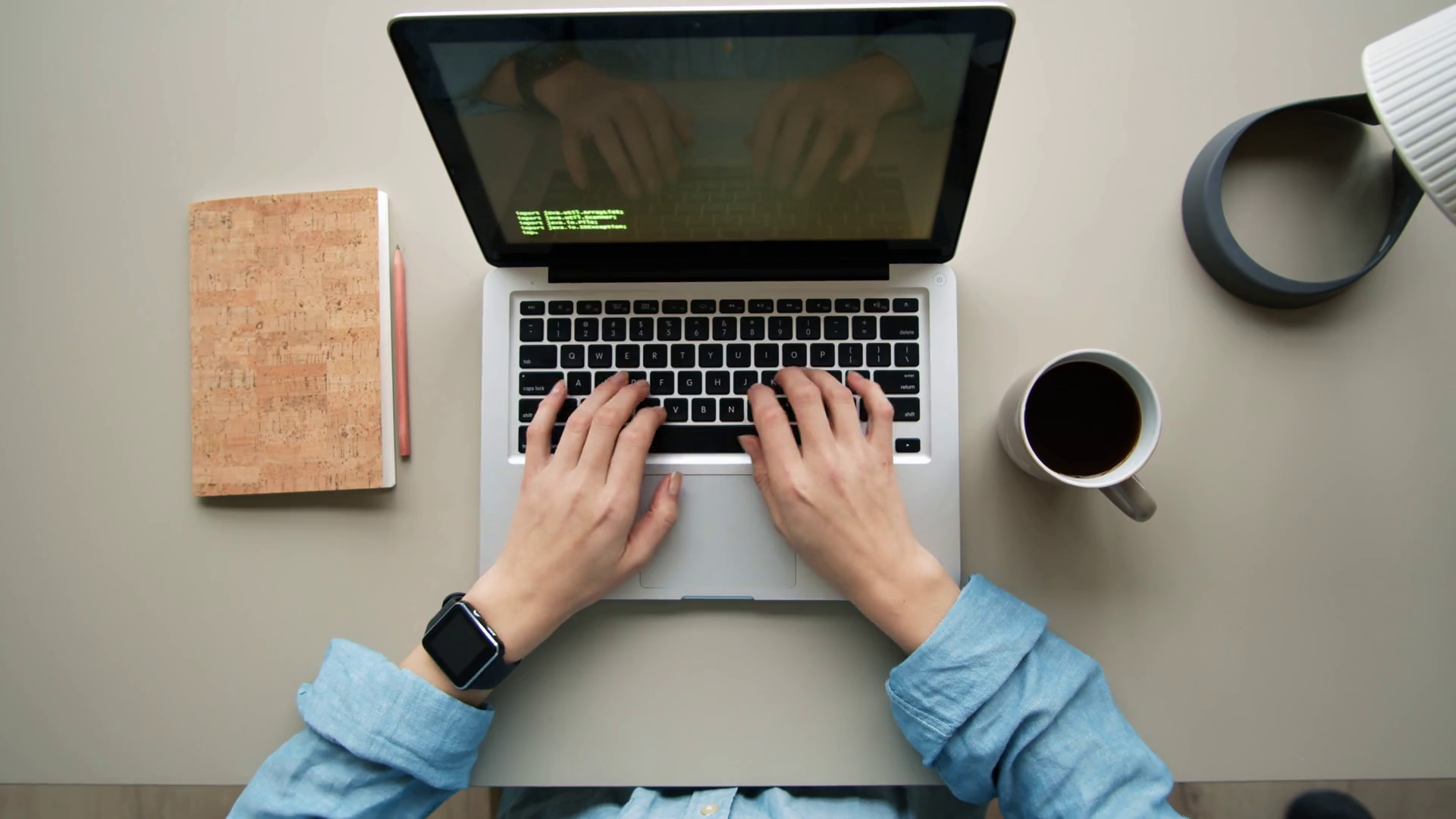 Flat Lay Of Coder Sitting At Desktop Coding Stock Footage SBV-337954653 ...