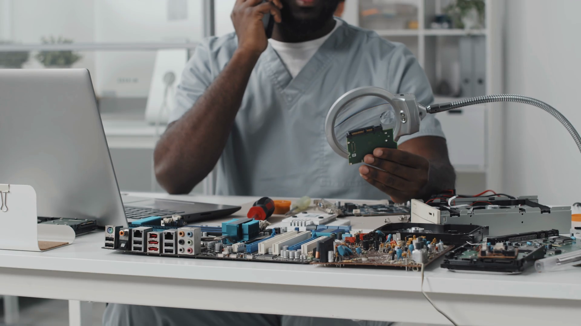 Tilt Up Shot Of African American Electronics Stock Footage SBV