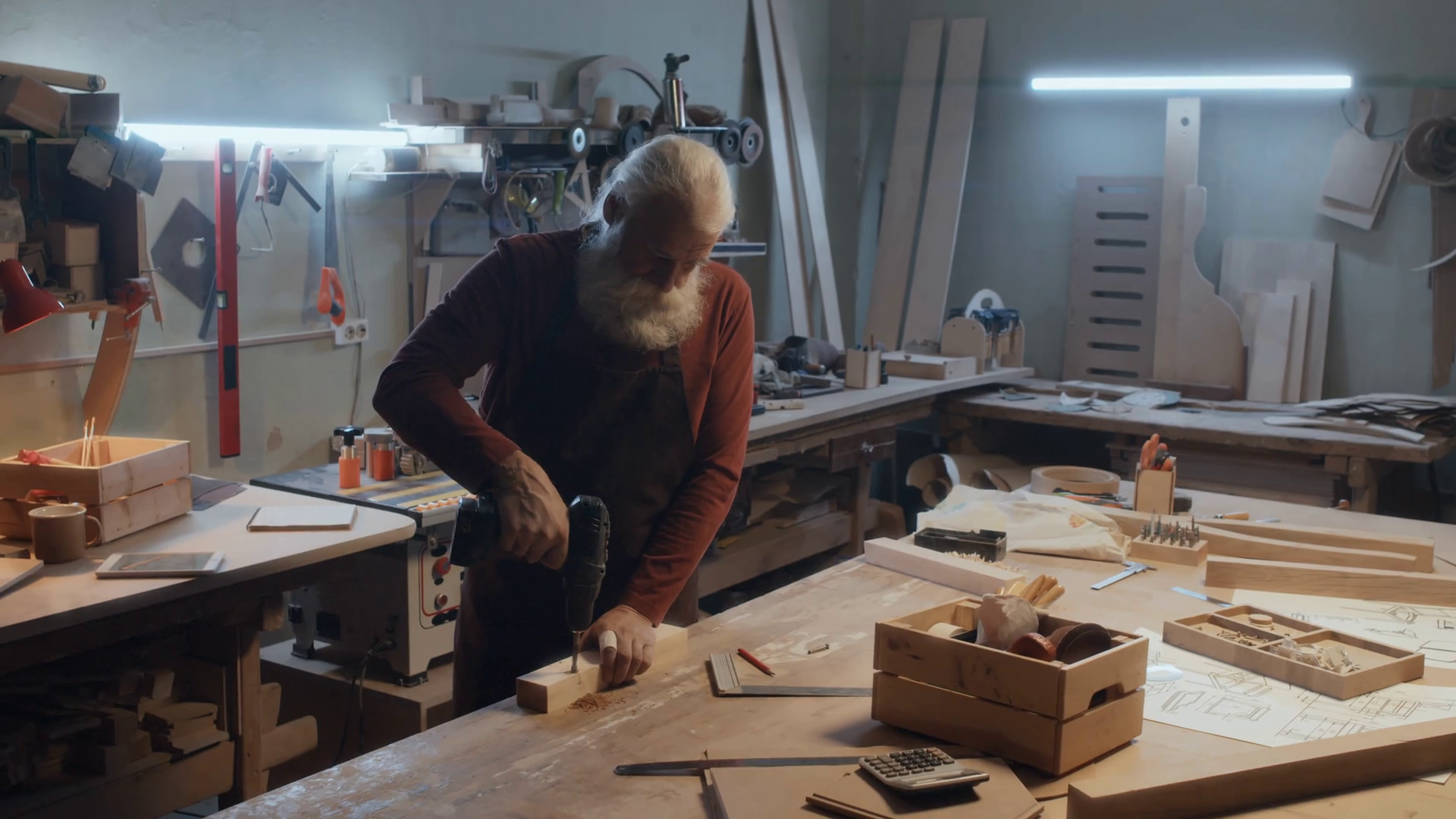 Zoom In Of Senior Caicasian Carpenter Making Stock Footage SBV ...