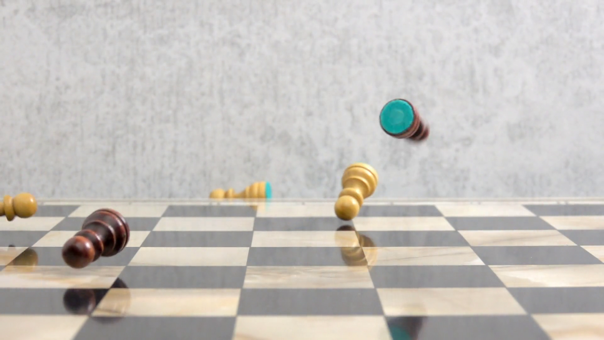 Chess pawns falling down on chessboard in slow motion. Concept of
