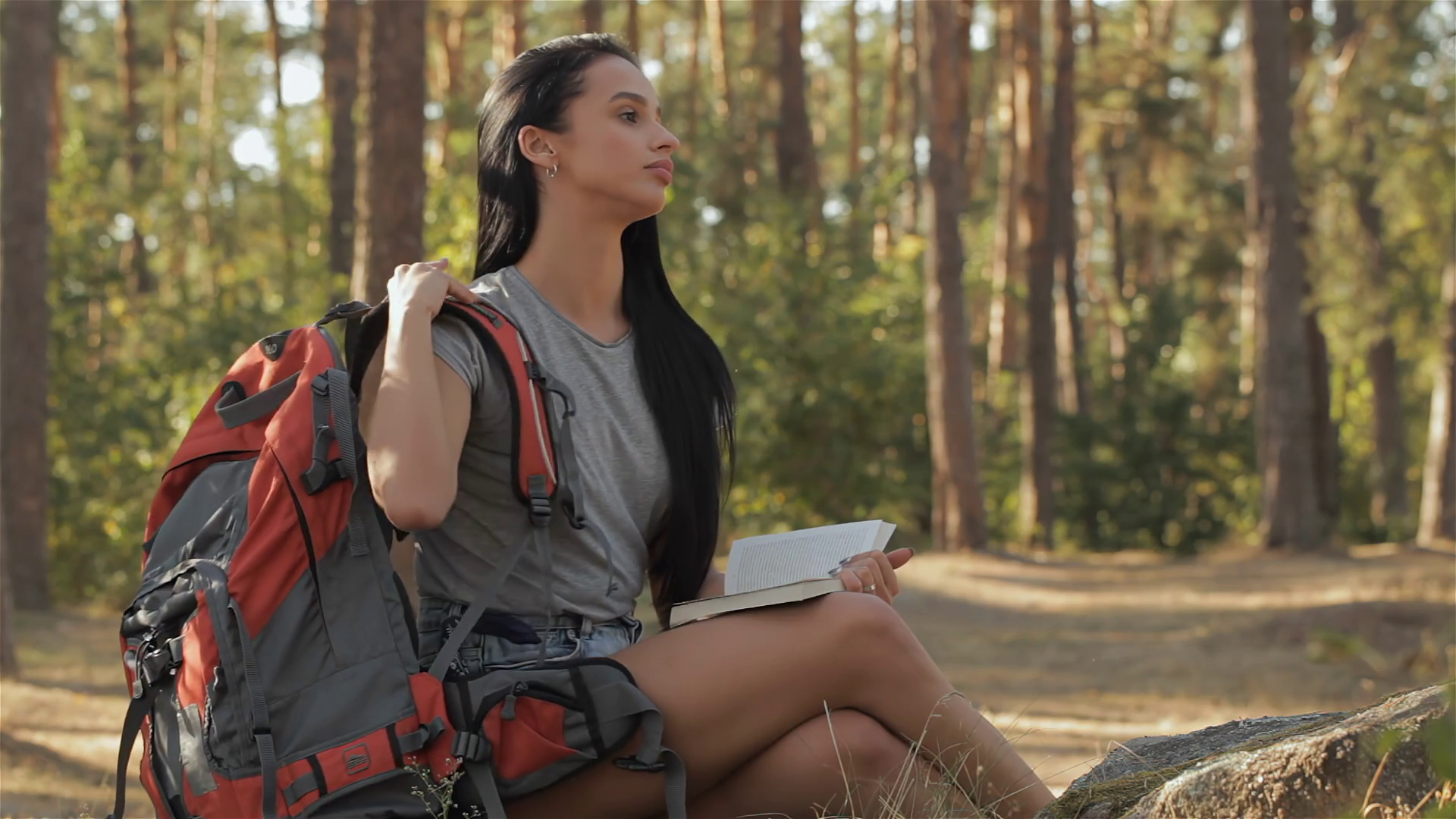 Female Hiker Removes Backpack From Shoulders Stock Footage SBV ...