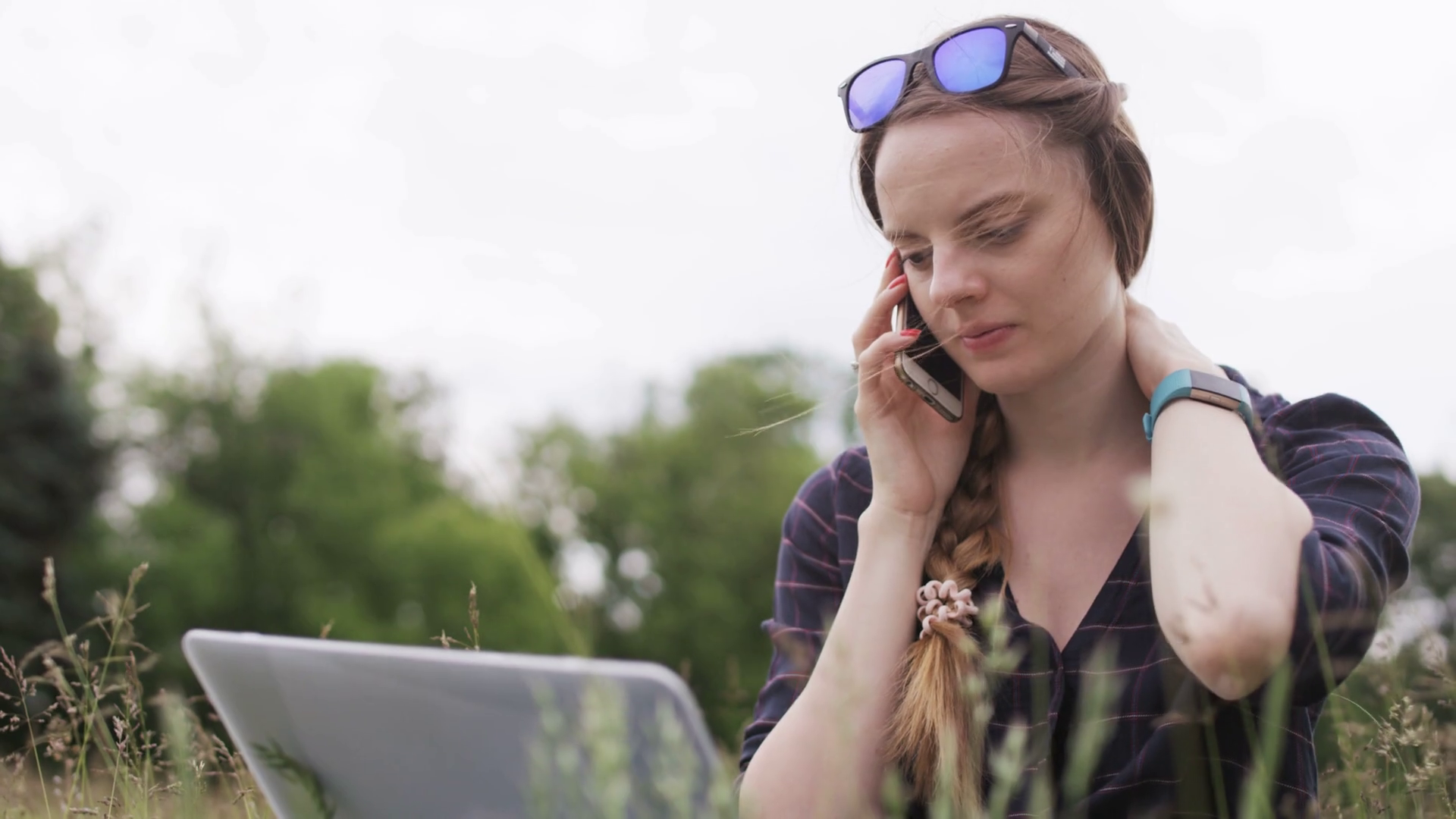 Woman Touching her Neck and Talking on the Phone Stock Video Footage 00