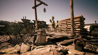 Desolate old mining town with wooden structures under bright midday sun
