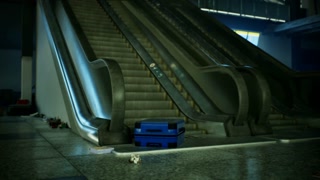 Abandoned airport interior featuring empty escalators and forgotten luggage