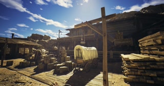 Abandoned western town with wagon and wooden structures under bright sky