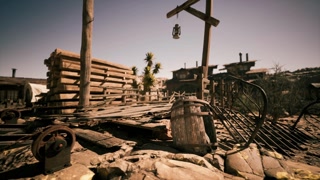 Rustic abandoned settlement under a clear sky during the late afternoon
