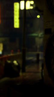 Urban night scene with vintage fans and glowing neon lights in the background