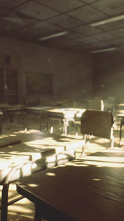 Bright light fills empty classroom with wooden desks and chairs in afternoon