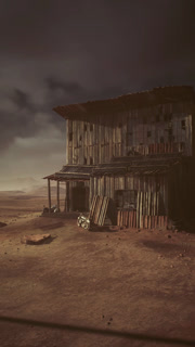 An abandoned rustic trading post illuminated by fading twilight light