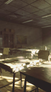 Empty classroom with sunlight shining through the windows in a quiet setting