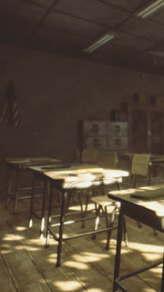 Old classroom with empty desks and warm light in the afternoon