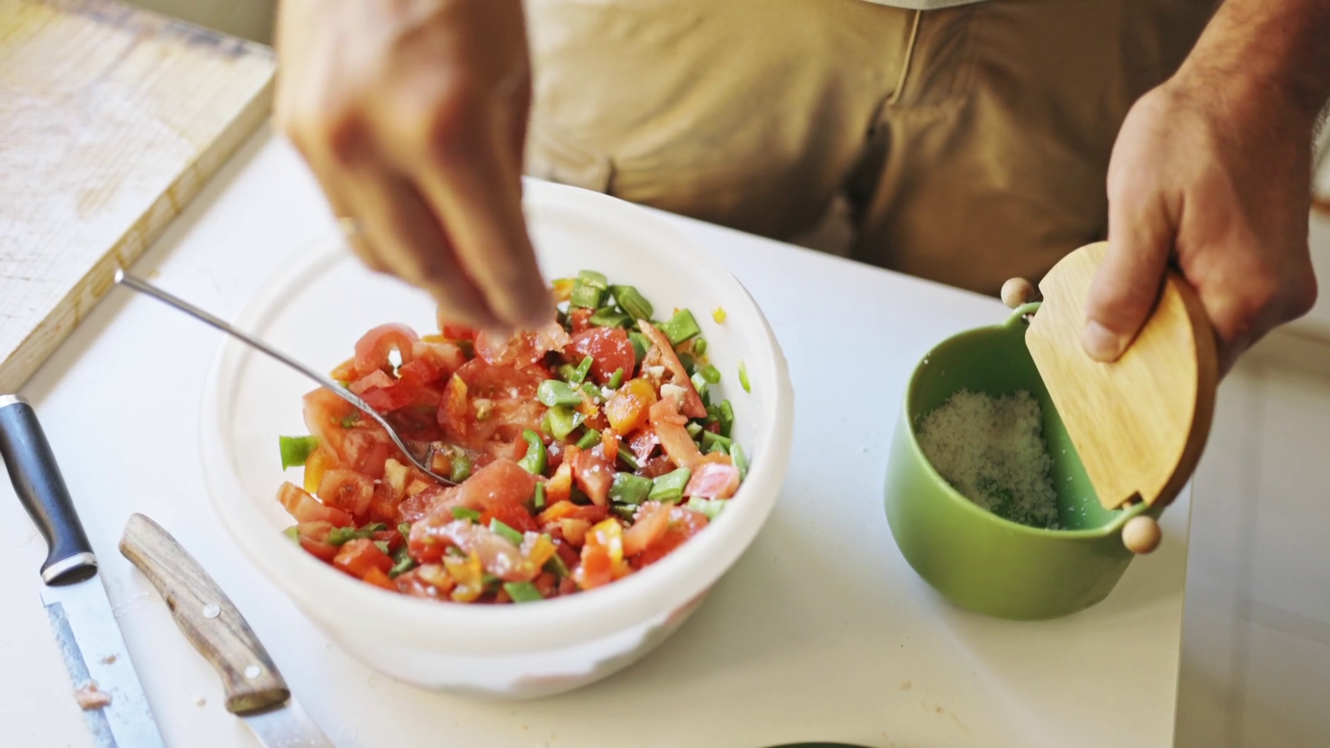 Chef Adding Salt To Chopped Tomatoes Peppers Stock Footage SBV ...