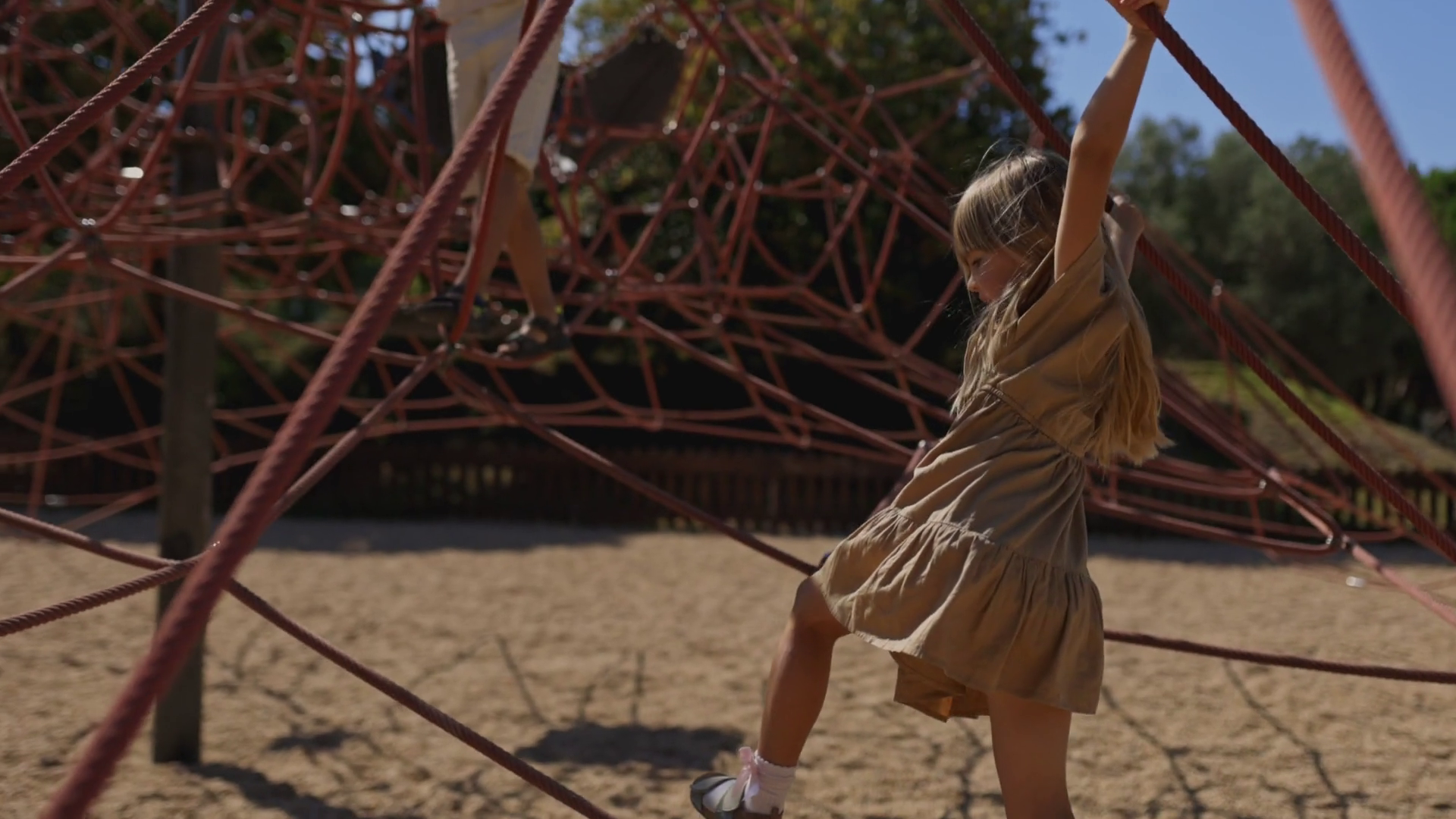 Girl Climbing Rope Pyramid At Playground Stock Footage SBV-352460247 ...