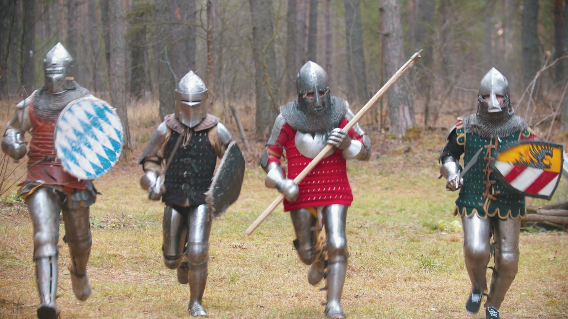 Four Men Knightes Running In Row In Forest Stock Footage SBV-353680658 ...