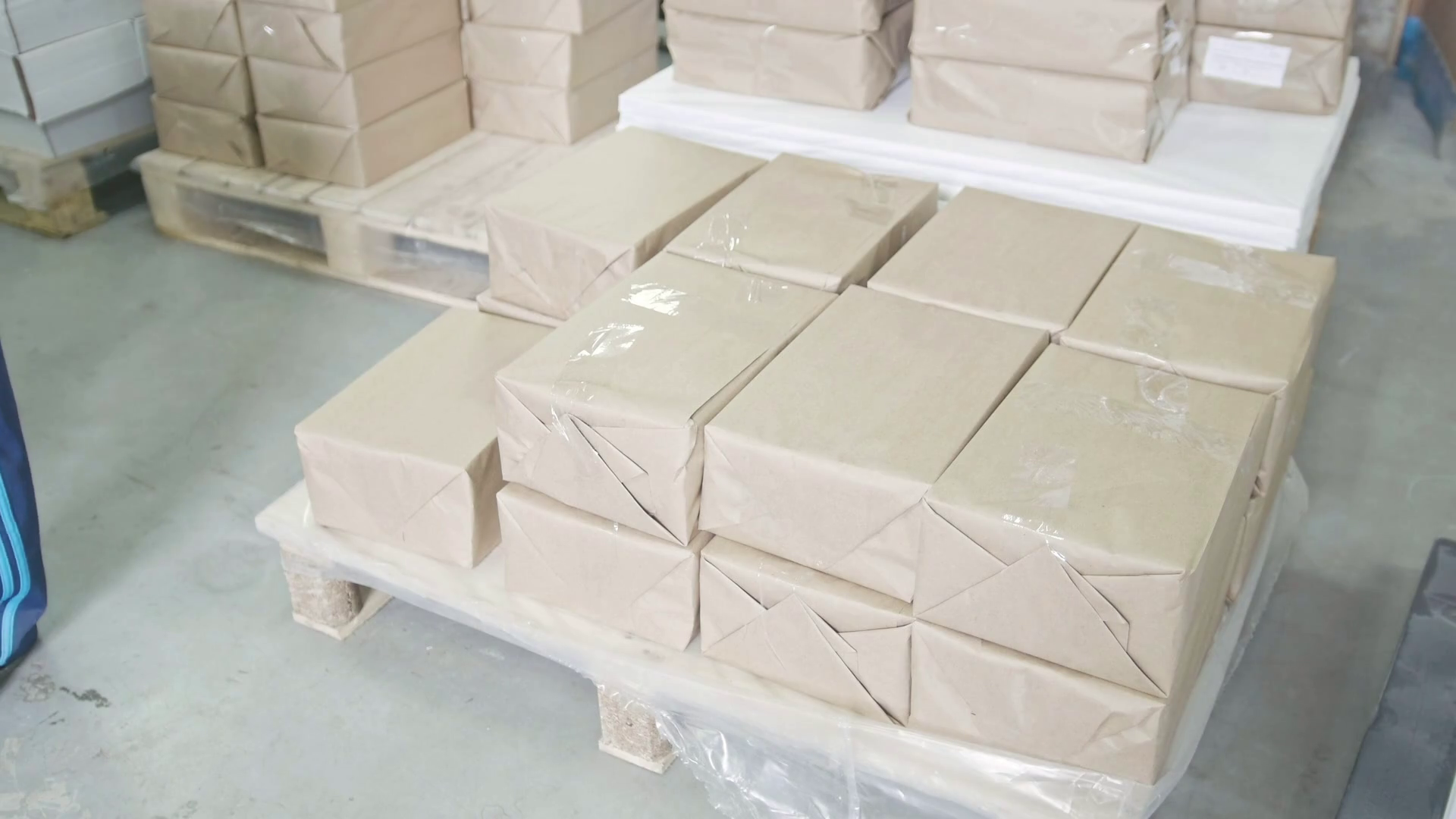 The man puts carton Packed on pallet in an industrial warehouse Stock