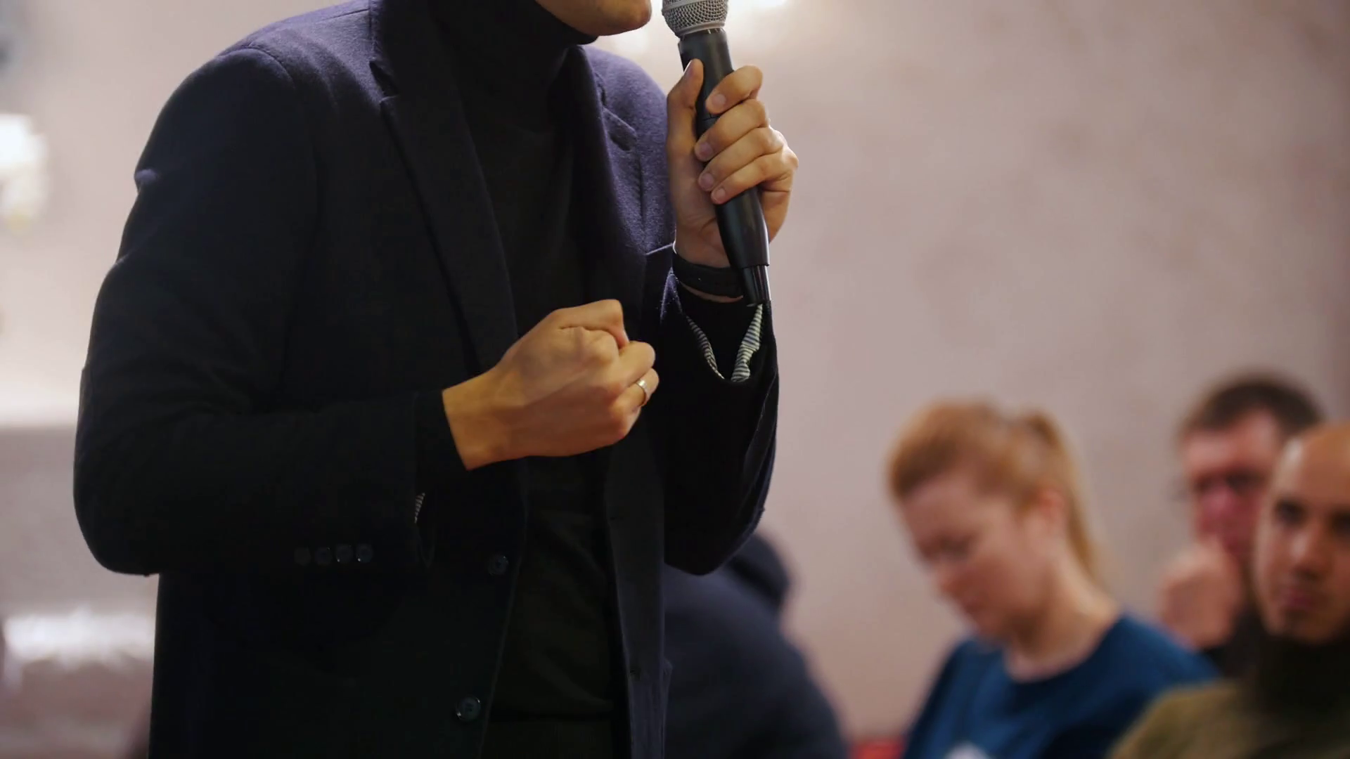 A Man Talking On Stage Giving Lecture To Stock Footage SBV333697193