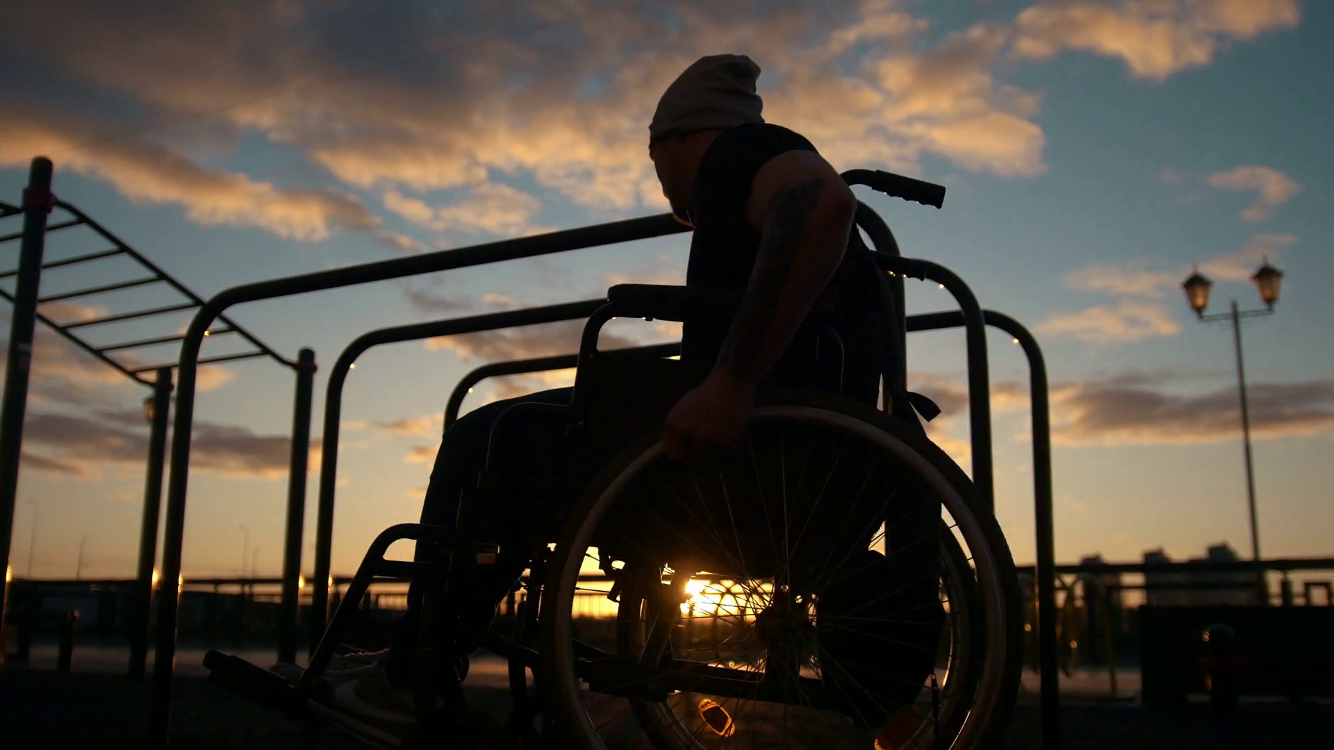 Disabled Man Engaged On Bars At Summer Sunset Stock Footage SBV ...