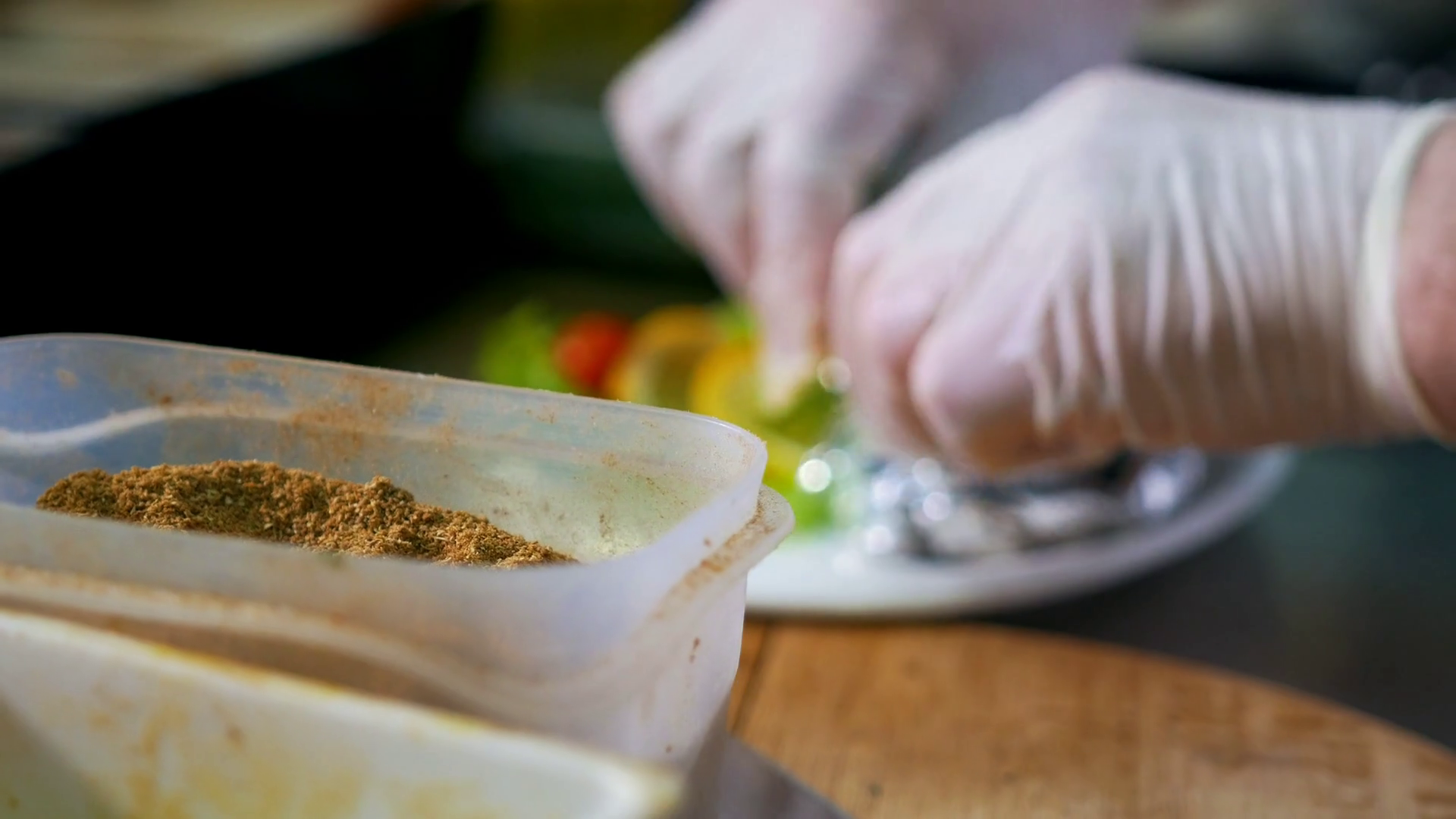 Hands Of Chef In Gloves Serves Dish Stock Footage SBV322953432