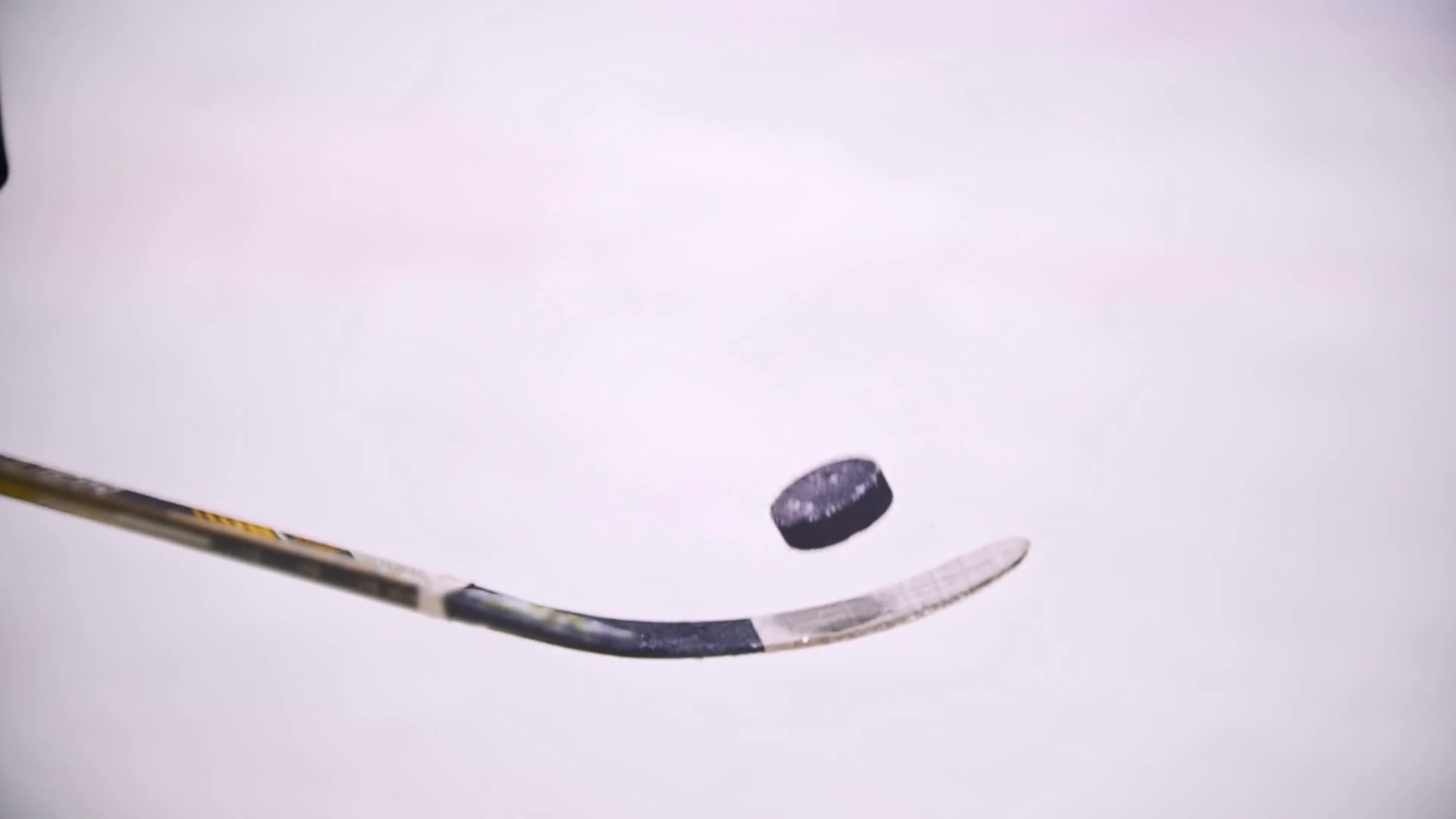 Hockey player's hands raise a puck with the stick from the ice of the