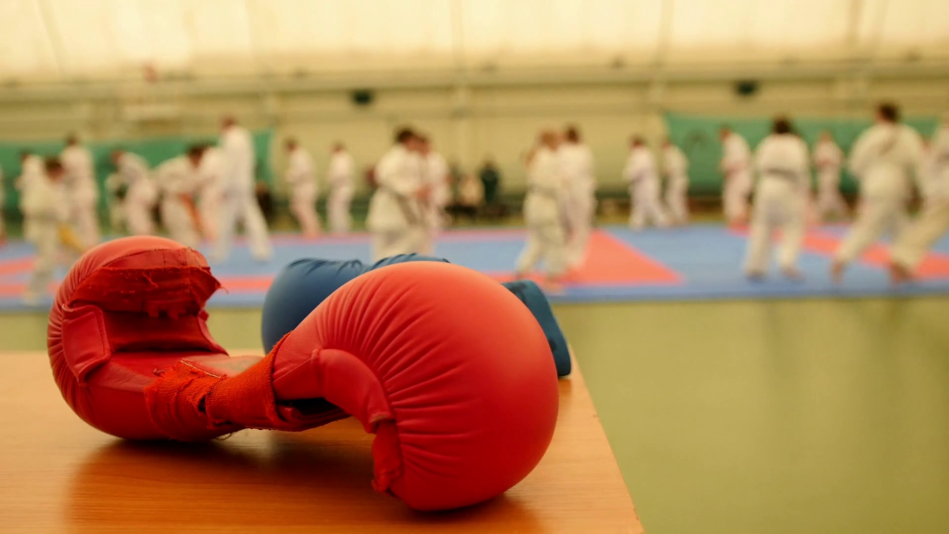 Red Karate Gloves On Tatami During Training Stock Footage SBV314882493