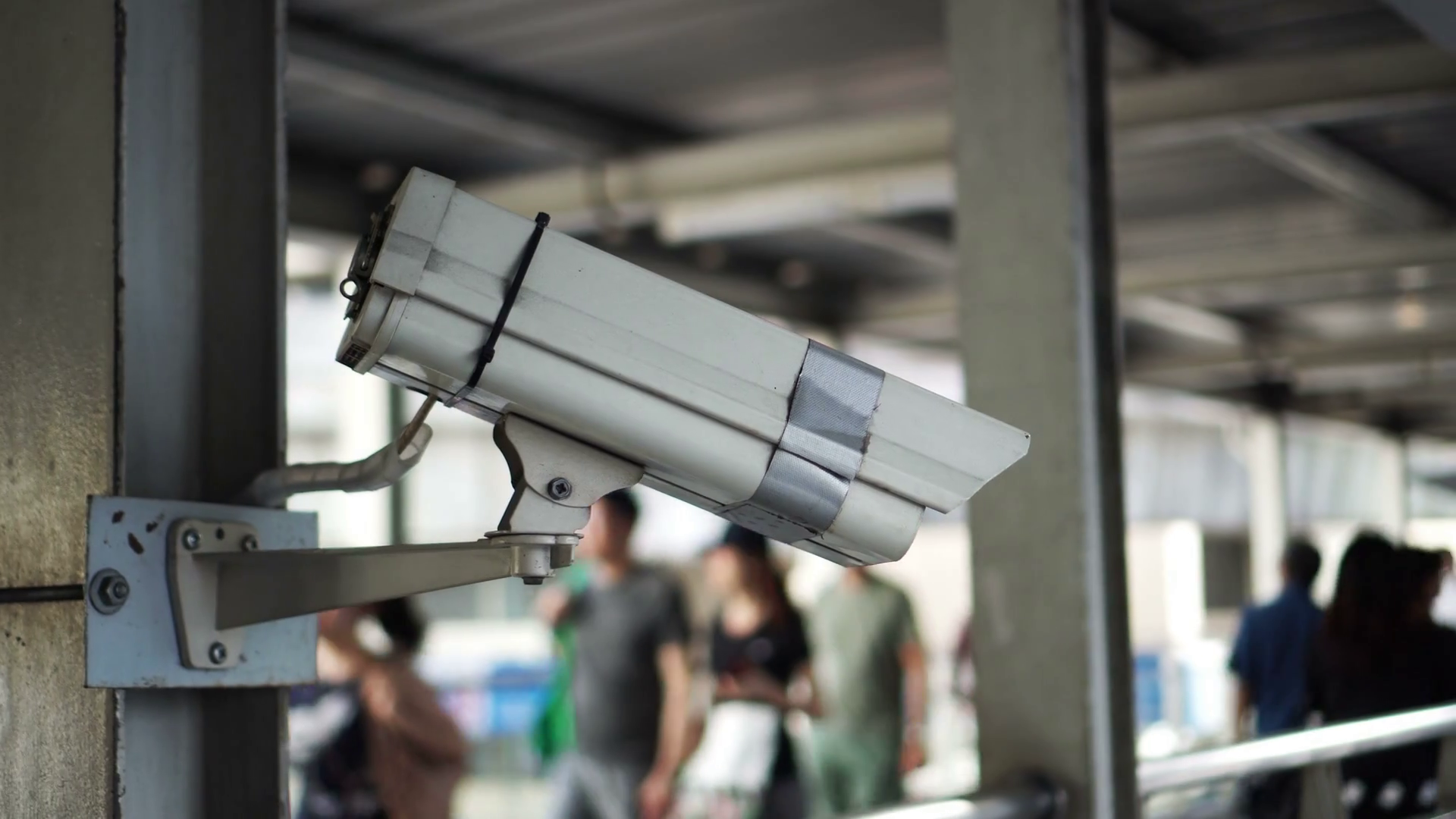 City cctv surveillance over street, people and public traffic video 4k