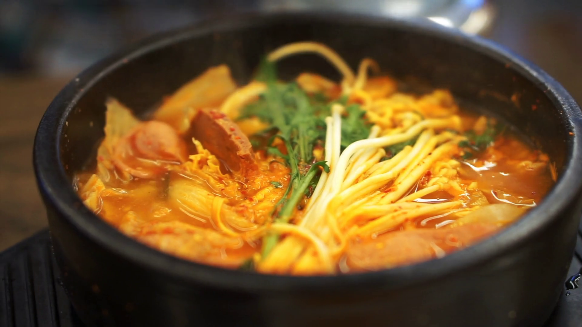 Kimchi Sausage Soup In Heated Bowl Stock Footage SBV338480546 Storyblocks