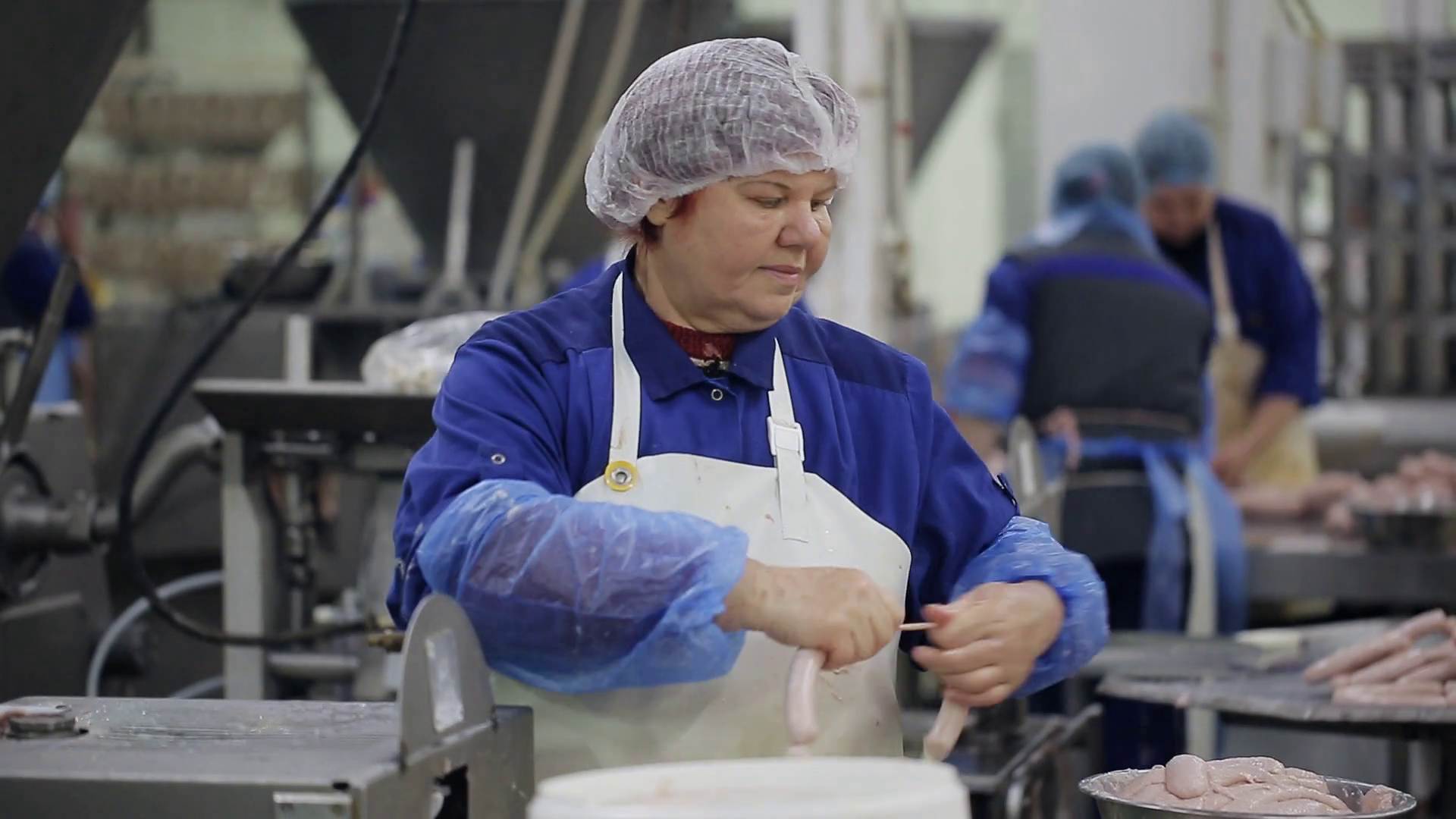 Food Factory Worker Produces Sausages On Stock Footage SBV 319100850
