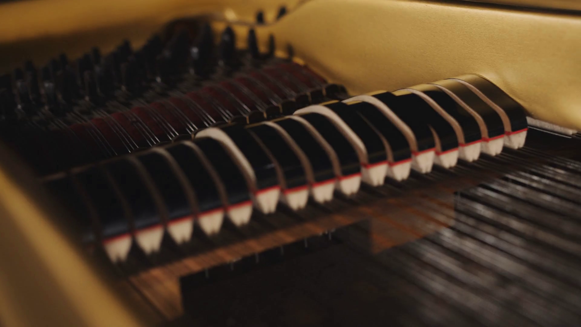 Piano hammers playing keys closeup, music background. Stock Video