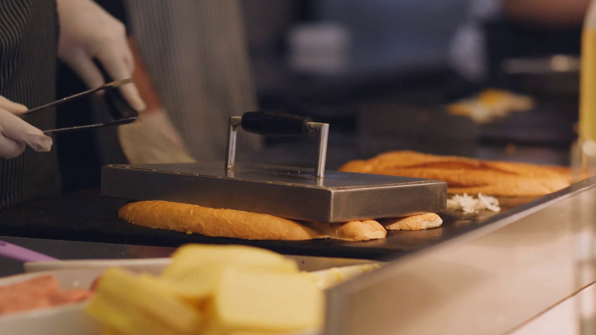 The Chef Toasts Buns On Grill Plate Making Stock Footage SBV338481015