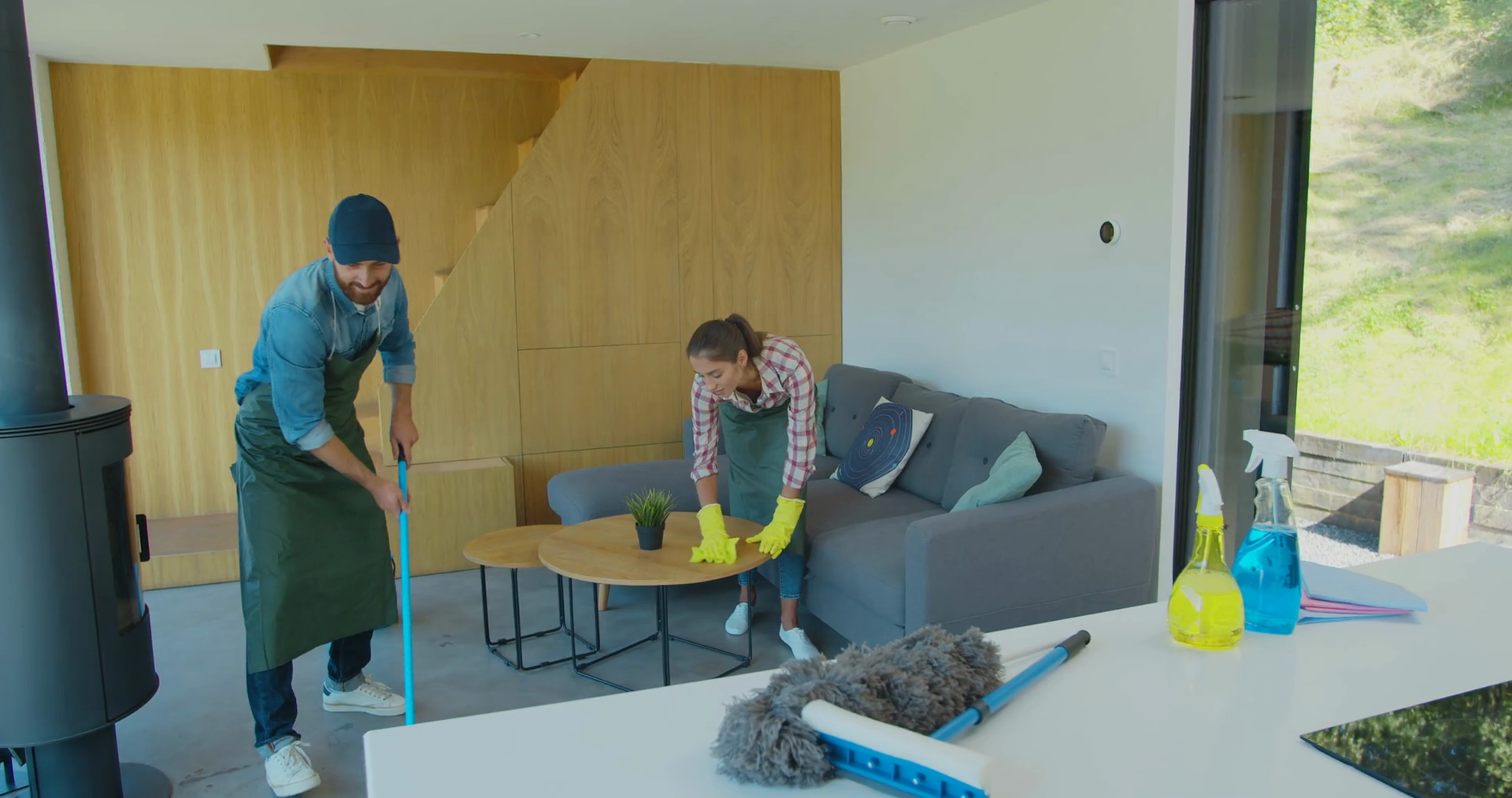 Professional Cleaners In Uniform Washing Stock Footage SBV337644888