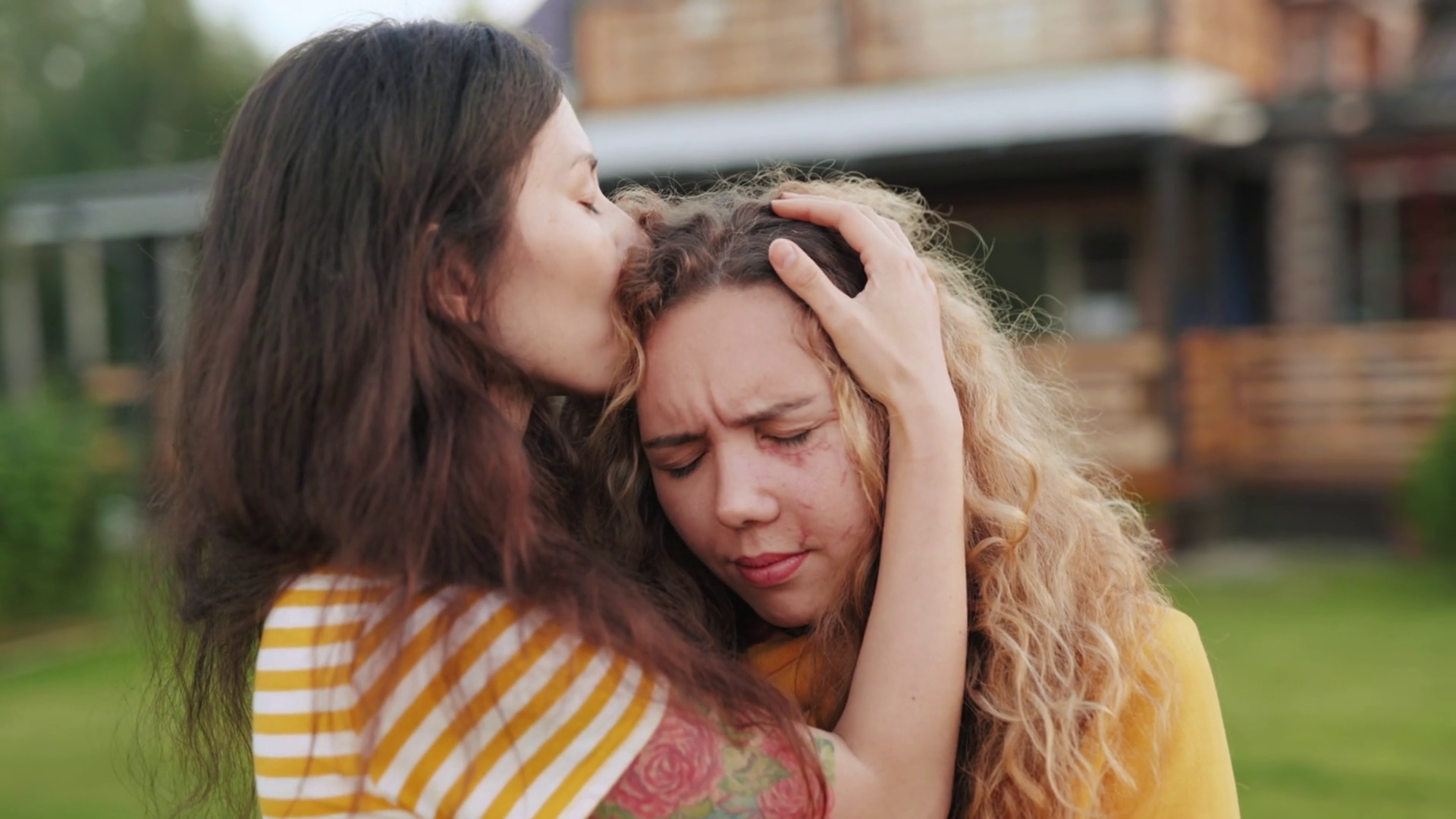 Woman With Scar On Face Crying Hugging Stock Footage SBV-351697777 ...