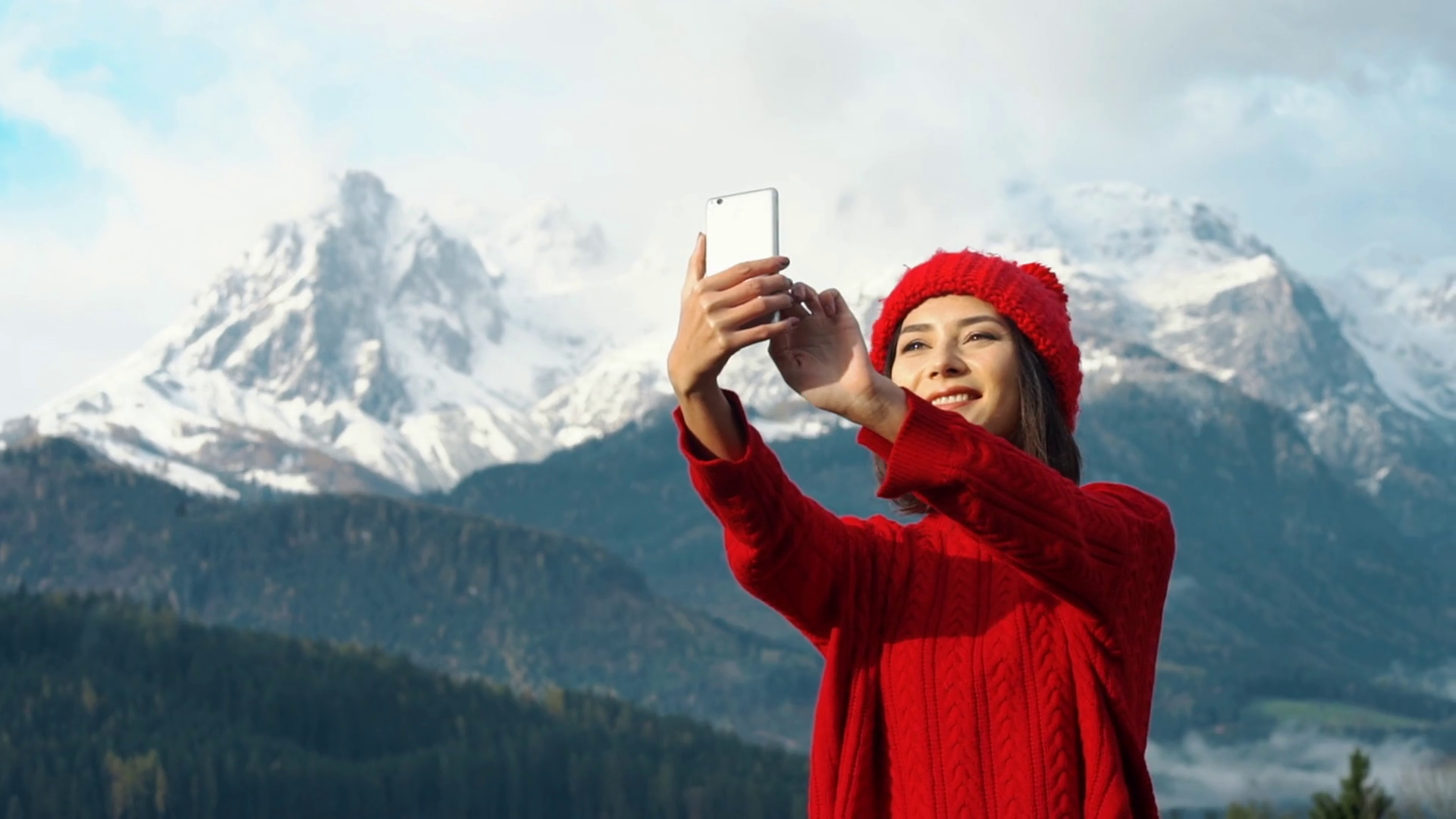 Solo Female Hiker In Red Hat Taking Selfie Stock Footage SBV-348555243 ...