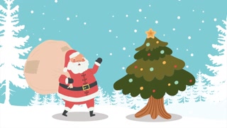 Santa Claus with gift bag and Christmas tree in snowscape animation