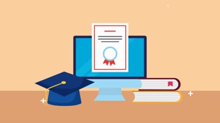 desktop with diploma and hat graduation elearning ,4k video animated
