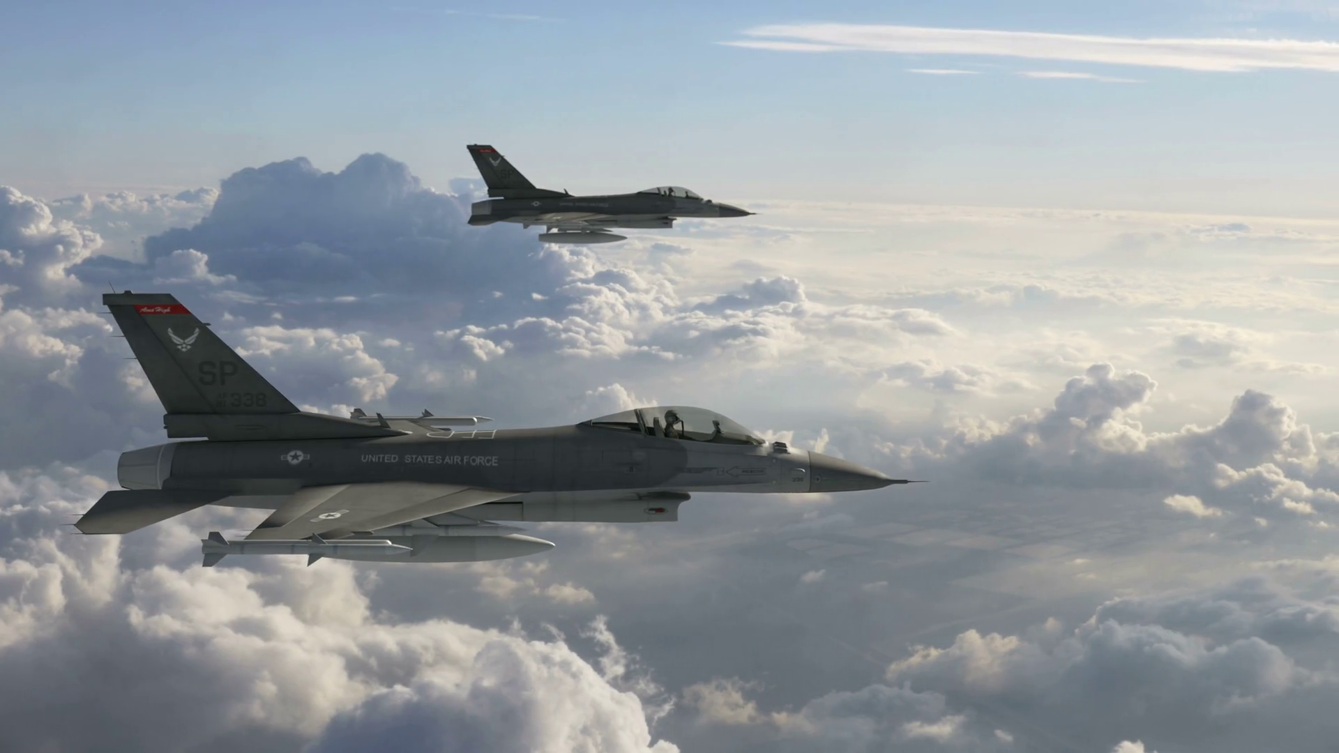 Two F16 Fighter Jets Cruising Above Clouds Stock Footage SBV300627810