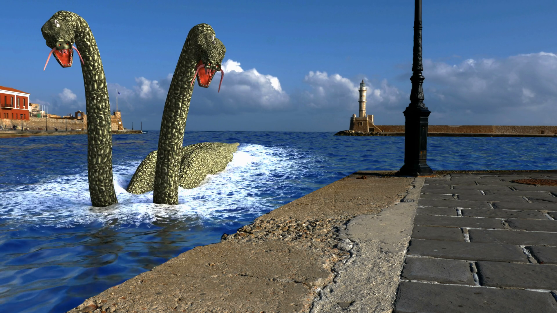 Twoheaded Sea Monster in Greece (Greek Hydra) Stock Video Footage