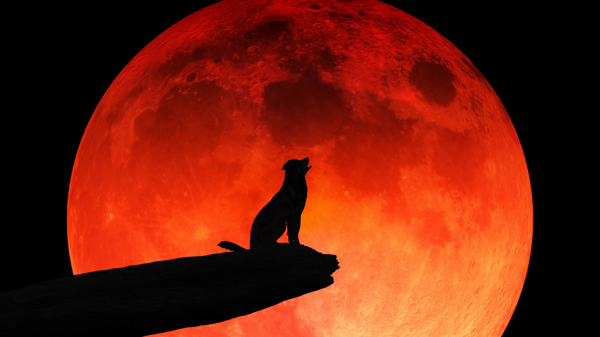 The silhouette of a wolf sitting on a cliff edge howling at a blood-red
