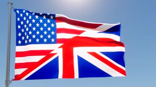 The national flags of the United States of America and the United Kingdom joined as one.
