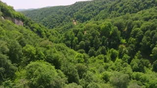 Scenic drone footage of Stone Bridge, Dagestan, Russia, flying over dense forests and rugged mountains, revealing the breathtaking summer wilderness.