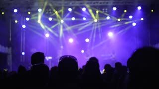 Festive People Crowd on a Concert. Silhouette of Hands of Dancing Cheerful People in Front of the Stage in Slow Motion.