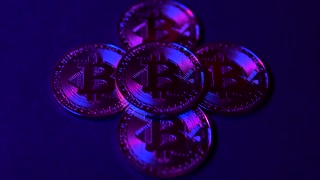 Digital coin Bitcoin is rotates with another Bitcoins on the Black surface. Pink and Blue neon light