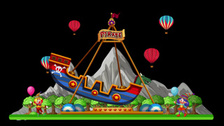 Animated Cartoon Pirate Ship Swing Ride in a Mountain Park Setting