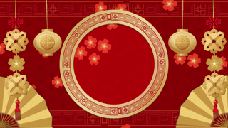 Traditional Chinese New Year Background with Golden Lanterns and Red Fans